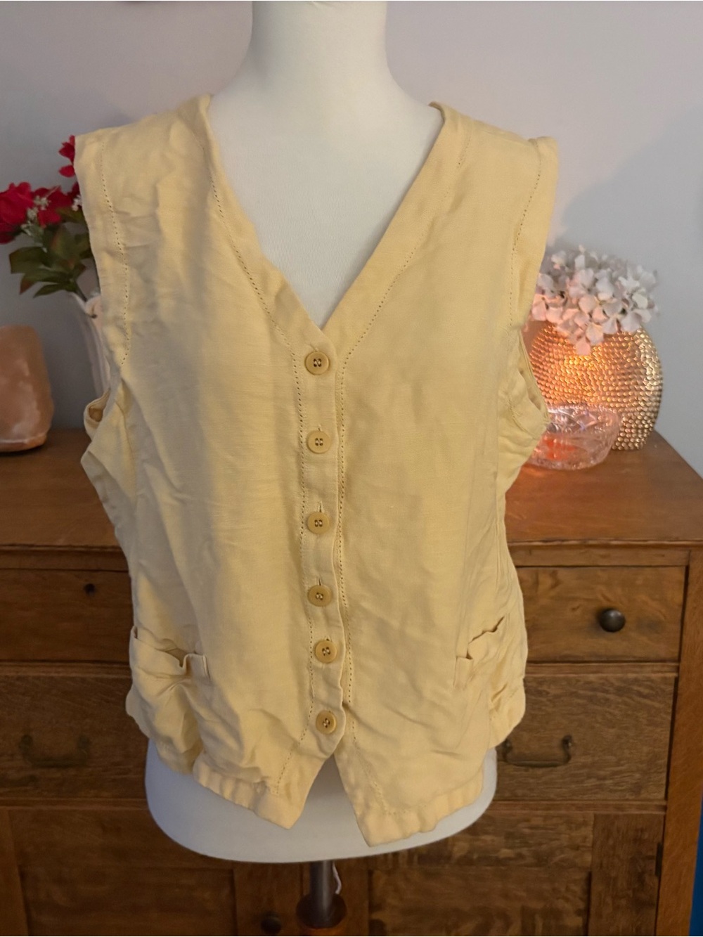 Linen vintage Yellow Button-Front Women's Vest Large
